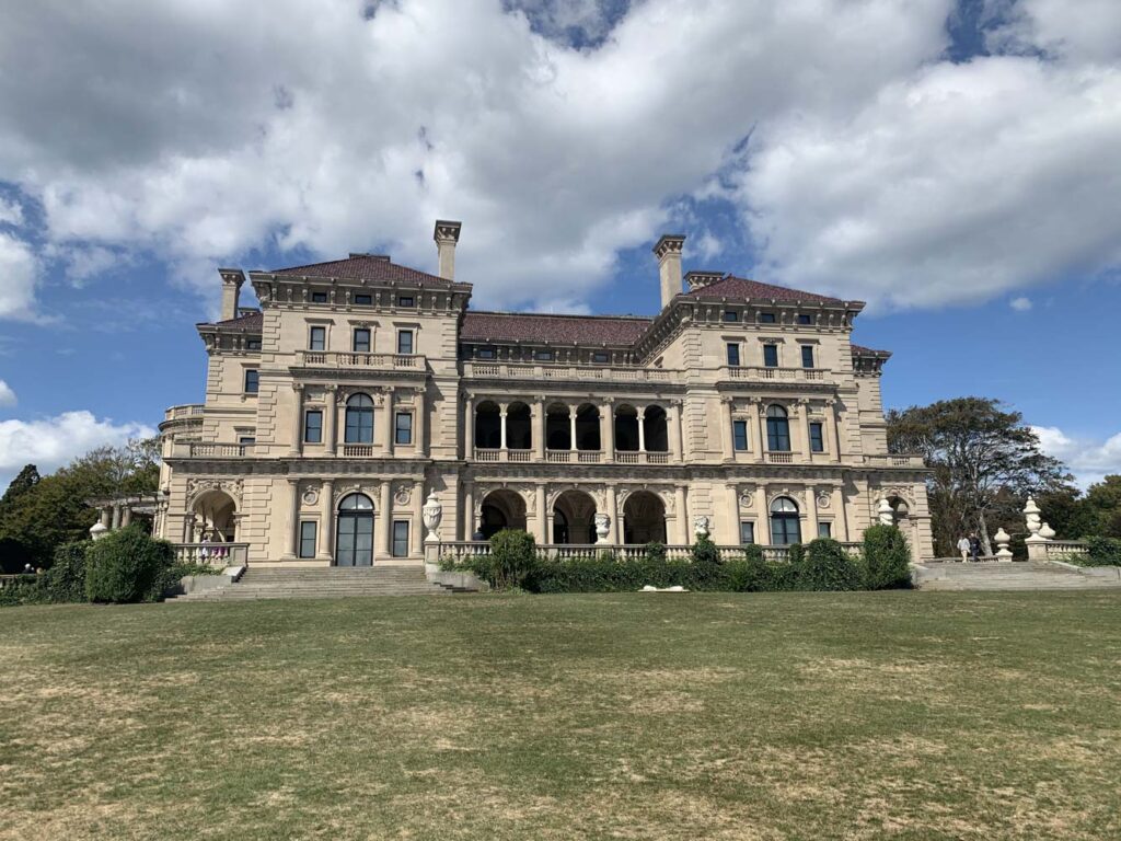 The Breakers mansion view from the Cliff Walk facing the ocean.