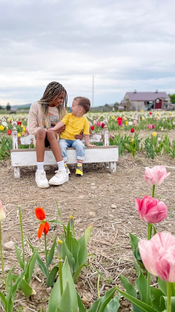 a family in a tulip farm