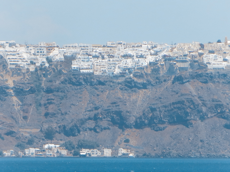 a view of the island of Santorini from Royal Caribbean's Jewel of the Seas cruise ship