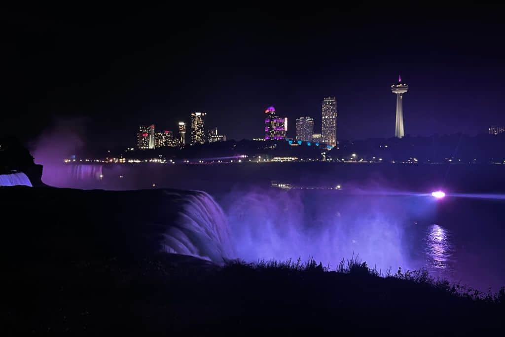 view of the falls from Niagara State park at night