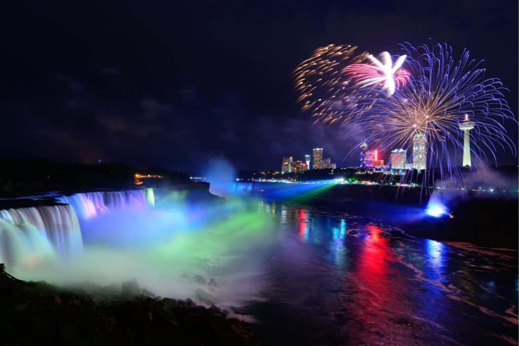 fireworks over Niagara Falls at night