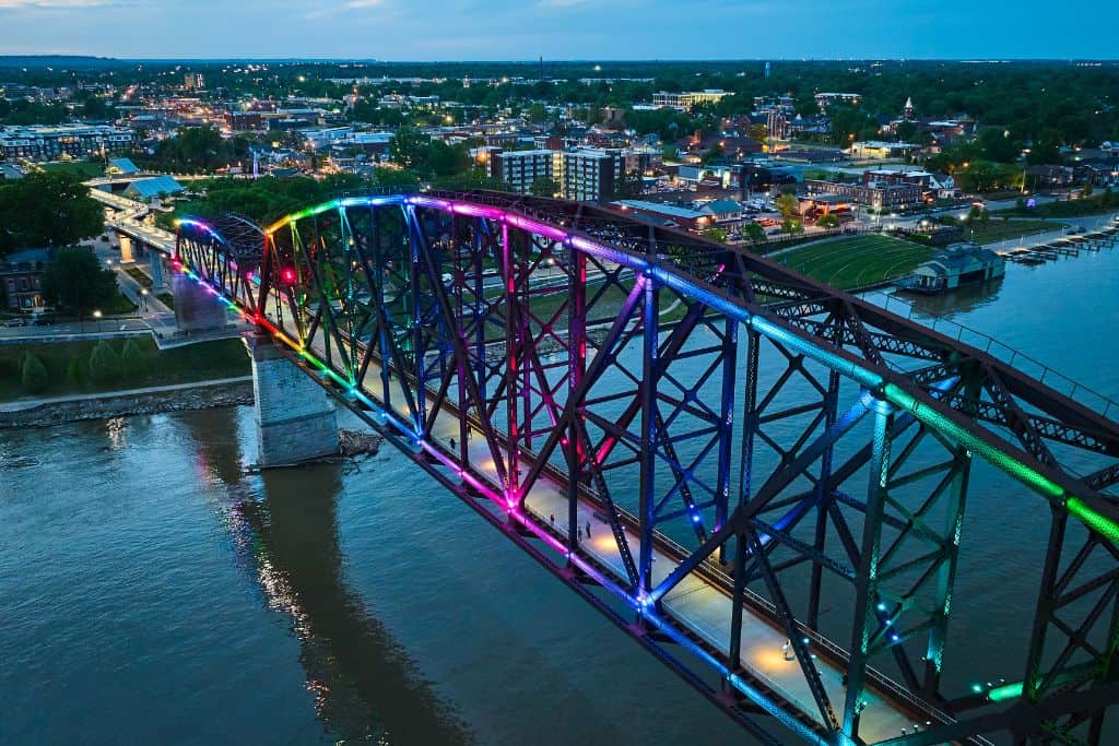 an aerial view of the Big Four Bridge at night. 