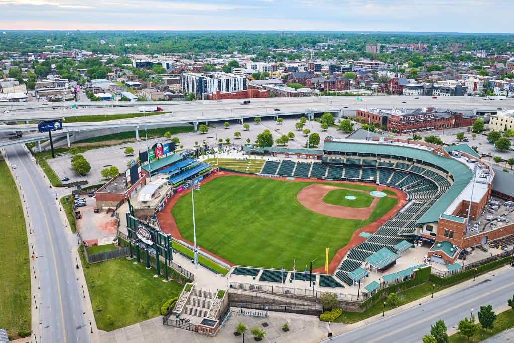 an aerial view of Slugger Field.  Seeing a baseball game is a great thing to do in Louisville with kids