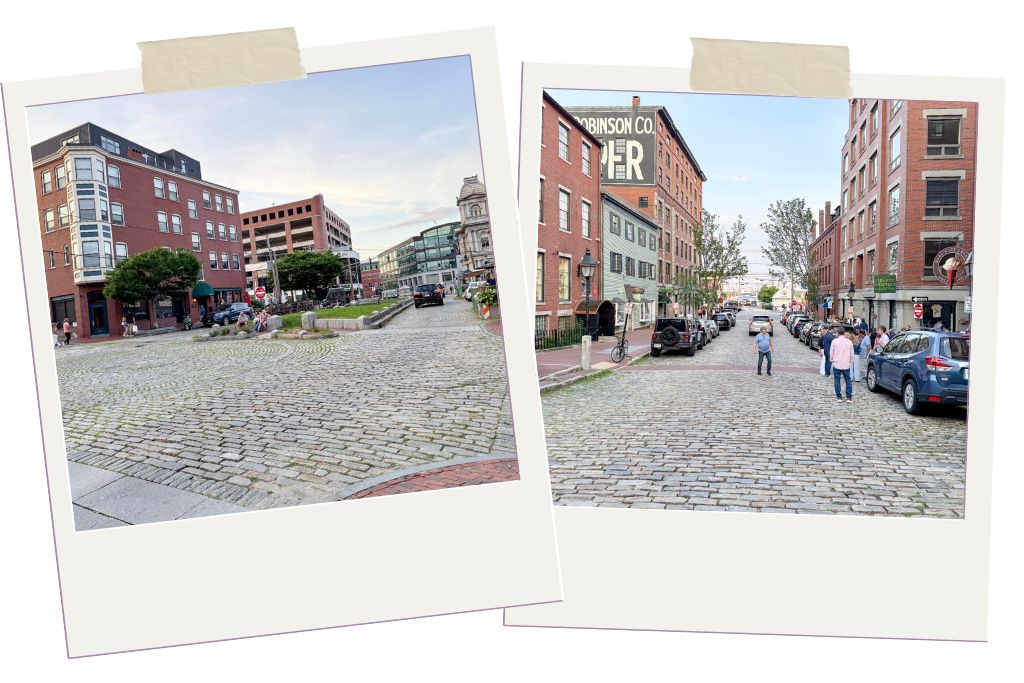 the cobblestone streets of the Old Port in downtown Portland Maine