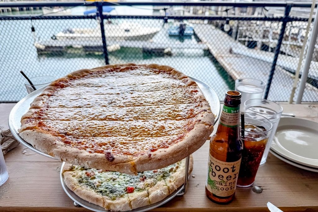 pizza and a Maine Root soda with a view of the harbor