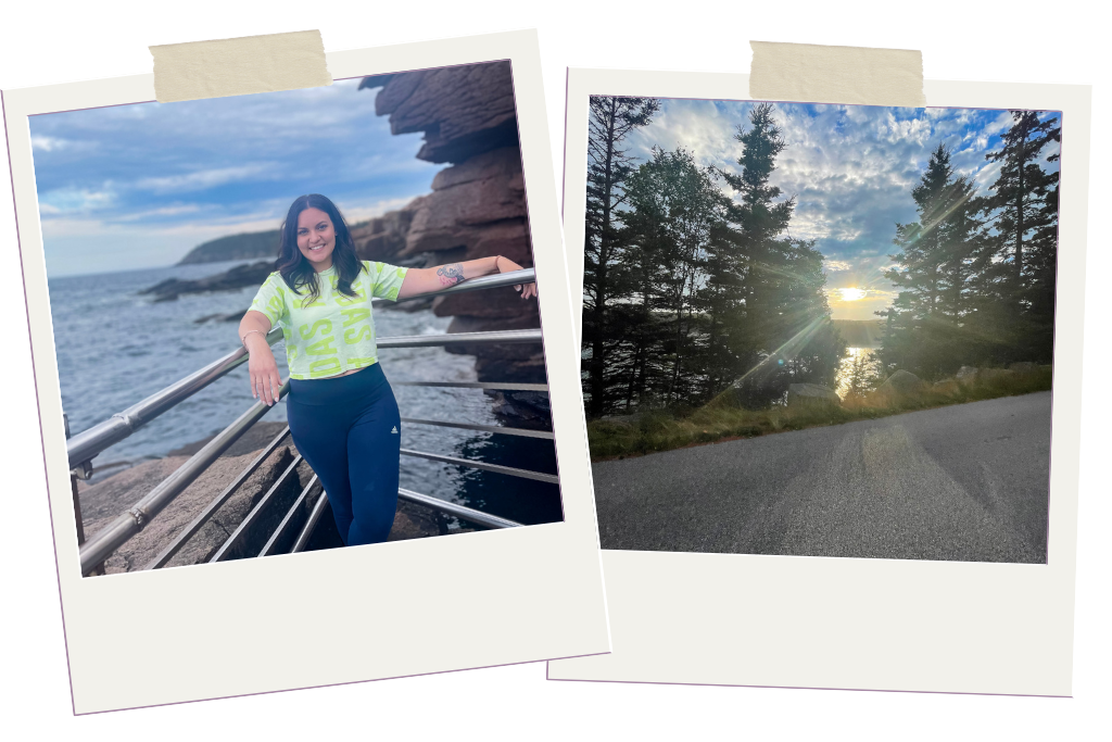 photo collage of a woman standing in Acadia National Park and a view of the sunset from Park Loop Road