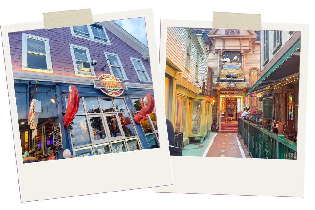 photo collage of the front of Geddy's Restaurant and Route 66 Restaurant in Bar Harbor, Maine