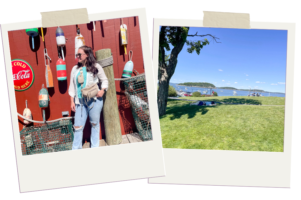 Photo collage of a girl standing in downtown Bar Harbor and a photo of boats on the harbor